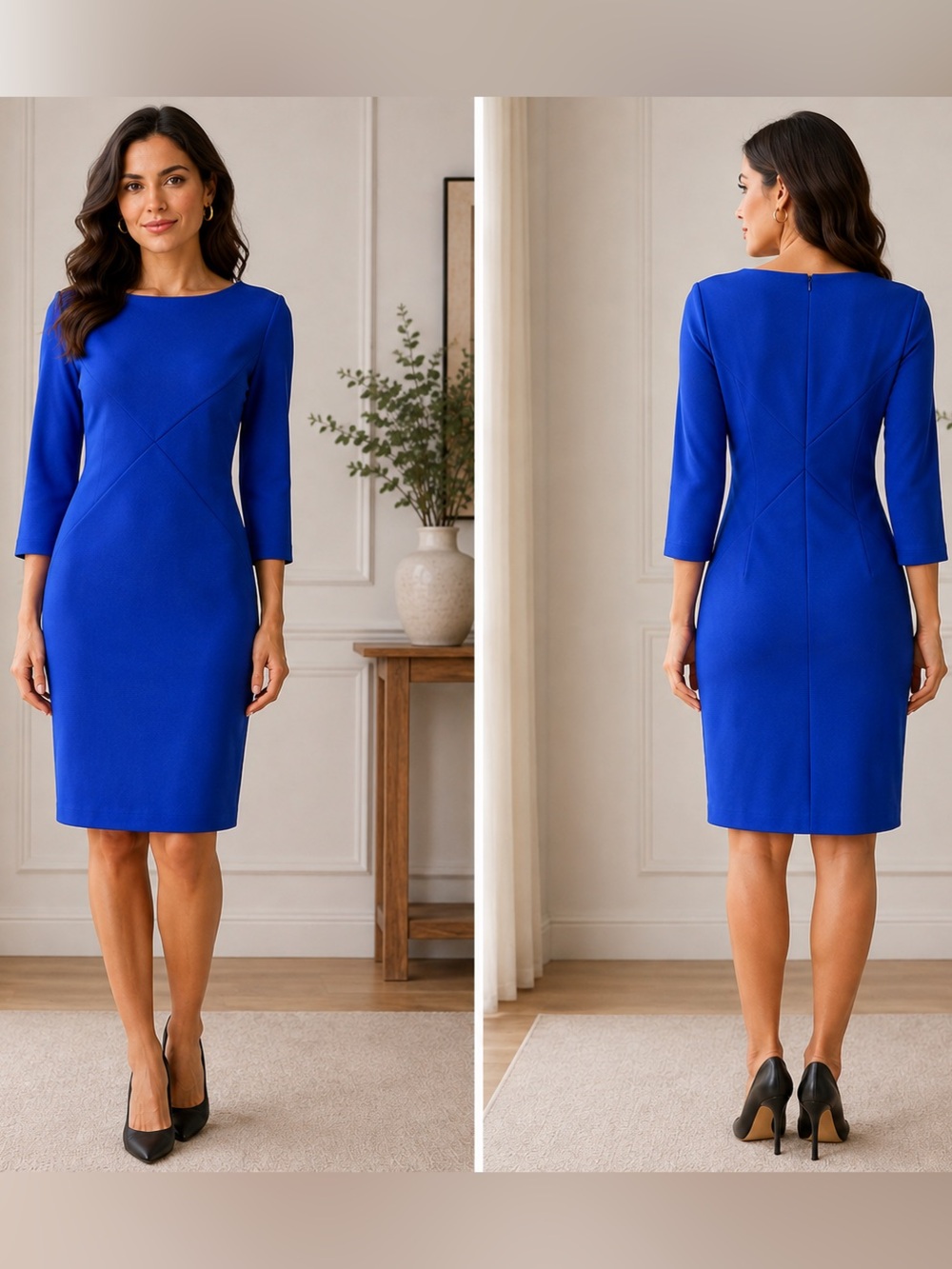 Eliza J Cobalt Royal Blue Geometric Seam 3/4 Sleeve Sheath Work Dress Size 6